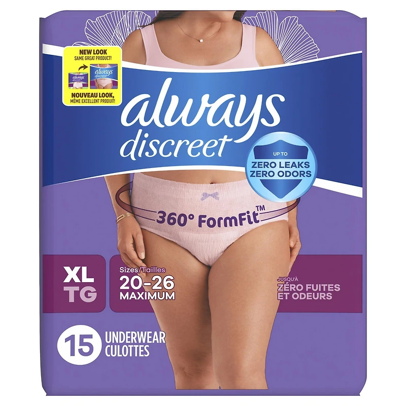 Always Discreet Adult Incontinence Underwear for Women and Postpartum Underwear, XL, Up to 100% Bladder Leak Protection,, 15CT