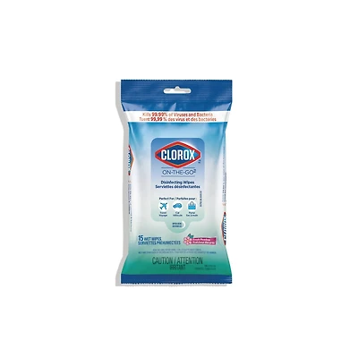 CLOROX® ON-THE-GO SERVIETTES DÉSINFECTANTES FRAICHEUR DES PRÉS, Pouche de 15