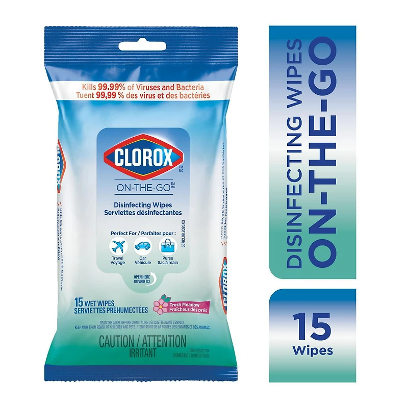 CLOROX® ON-THE-GO SERVIETTES DÉSINFECTANTES FRAICHEUR DES PRÉS, Pouche de 15