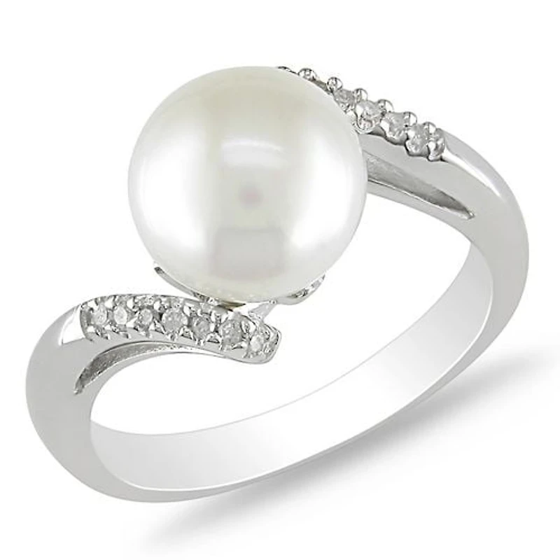 Miabella 9-9.5 mm Cultured Freshwater White Pearl and 0.06 ct Diamond Ring in Silver