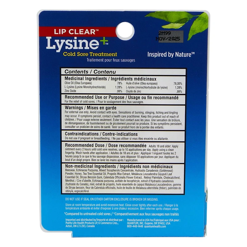 Quantum Nutrition Inc Quantum Lip Clear Lysine+ Cold Sore Ointment, Lip Clear® Lysine+®  brings fast relief from the pain, burning and itching while quickly helping clear up your cold sore.