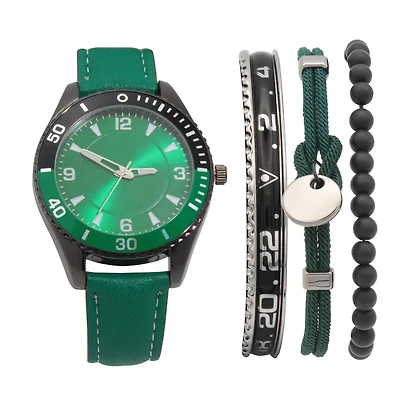 Men's Easy Read Analog Green PU Strap Watch with Bracelet set and Pouch