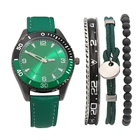 Men's Easy Read Analog Green PU Strap Watch with Bracelet set and Pouch