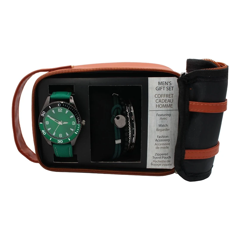 Men's Easy Read Analog Green PU Strap Watch with Bracelet set and Pouch