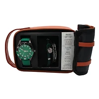 Men's Easy Read Analog Green PU Strap Watch with Bracelet set and Pouch