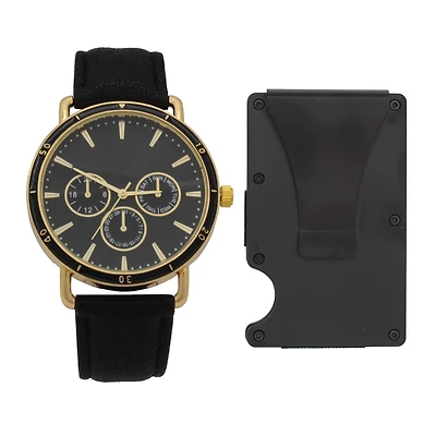 Men's Easy Read Analog Black PU Strap Watch with Credit Card Holder and Pouch