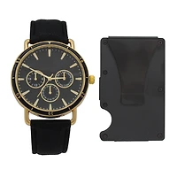 Men's Easy Read Analog Black PU Strap Watch with Credit Card Holder and Pouch