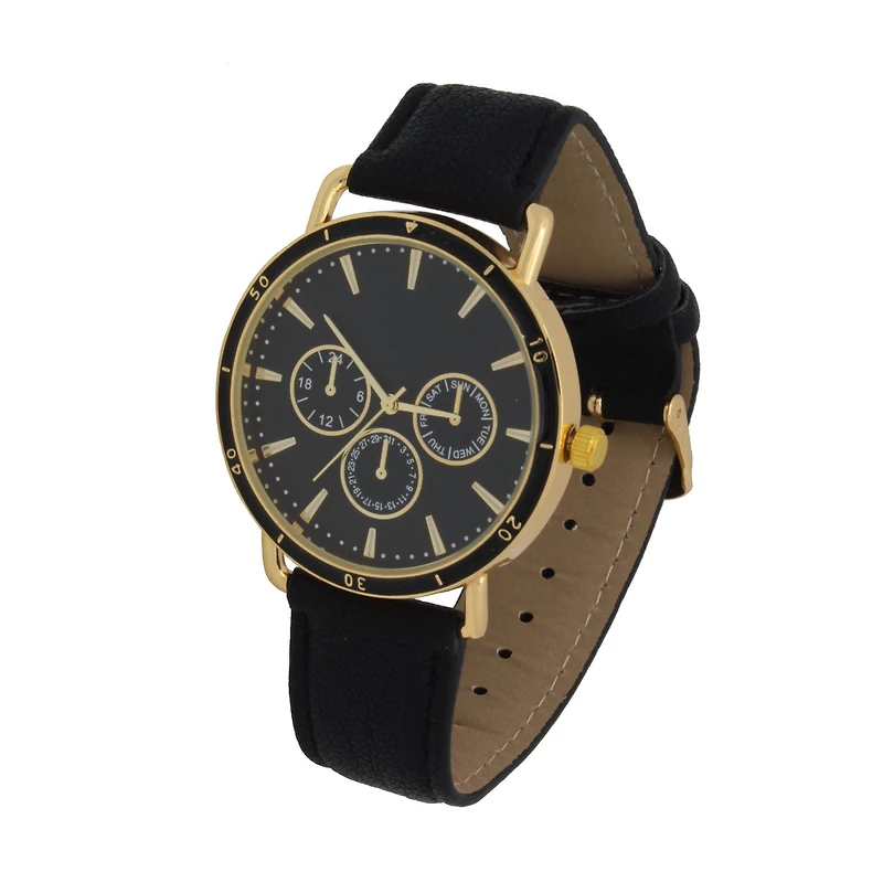 Men's Easy Read Analog Black PU Strap Watch with Credit Card Holder and Pouch