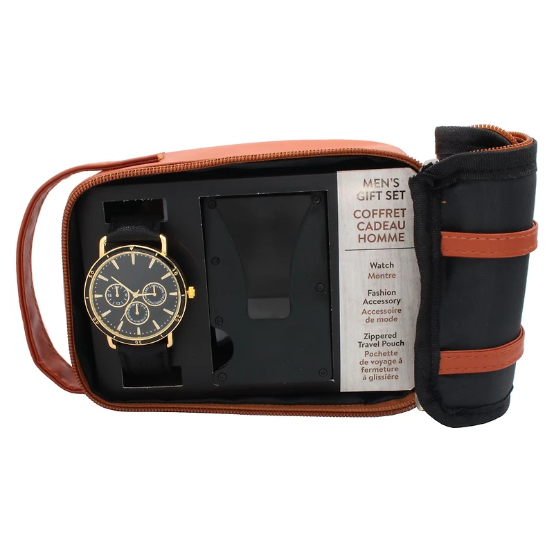 Men's Easy Read Analog Black PU Strap Watch with Credit Card Holder and Pouch