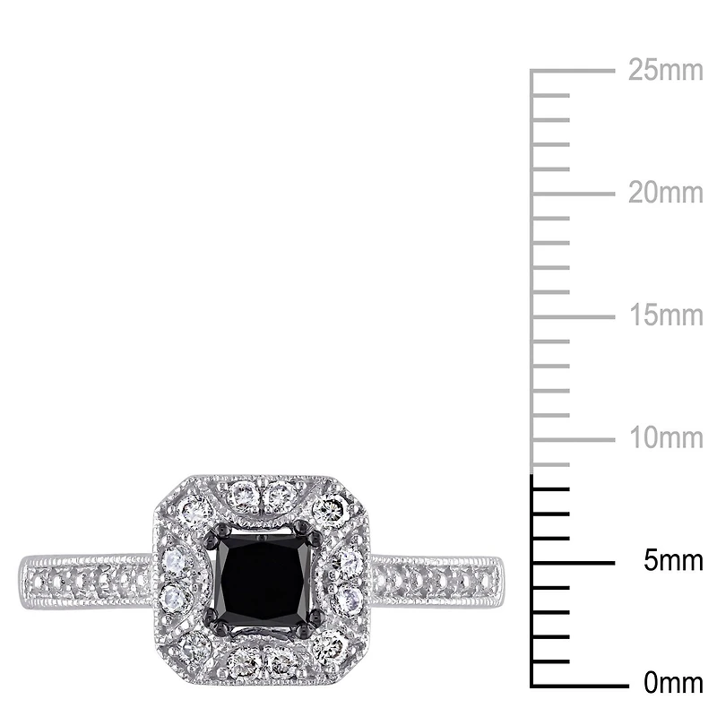 Bague de fiançailles avec diamant noir de coupe princesse et diamants blancs ronds 0,60 CT poids total en or blanc 10K