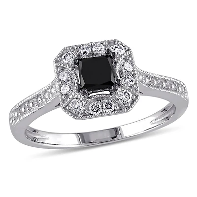 Bague de fiançailles avec diamant noir de coupe princesse et diamants blancs ronds 0,60 CT poids total en or blanc 10K