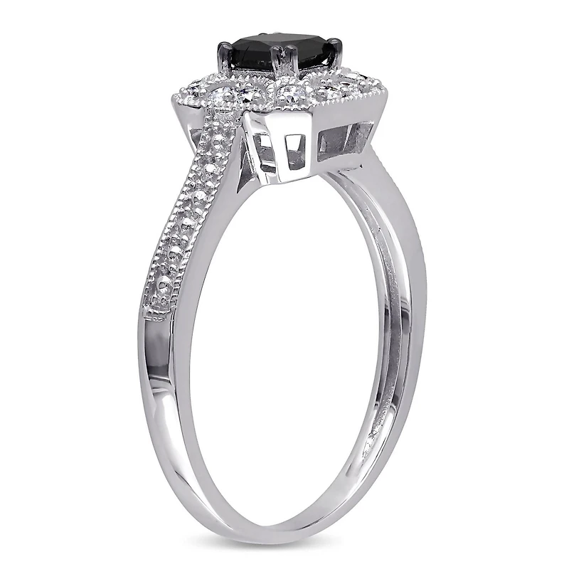 Bague de fiançailles avec diamant noir de coupe princesse et diamants blancs ronds 0,60 CT poids total en or blanc 10K