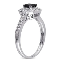 Bague de fiançailles avec diamant noir de coupe princesse et diamants blancs ronds 0,60 CT poids total en or blanc 10K