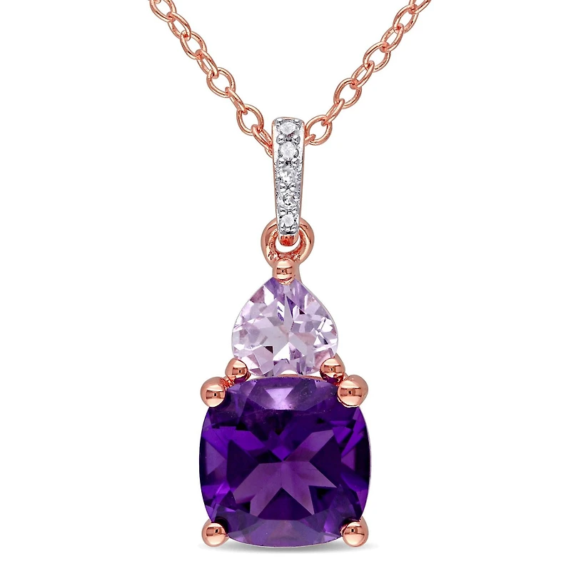 Pendentif Tangelo avec améthyste et rose de France 2,14 CT PBT et accents de diamants en argent sterling plaqué de rhodium rosé, 18 po