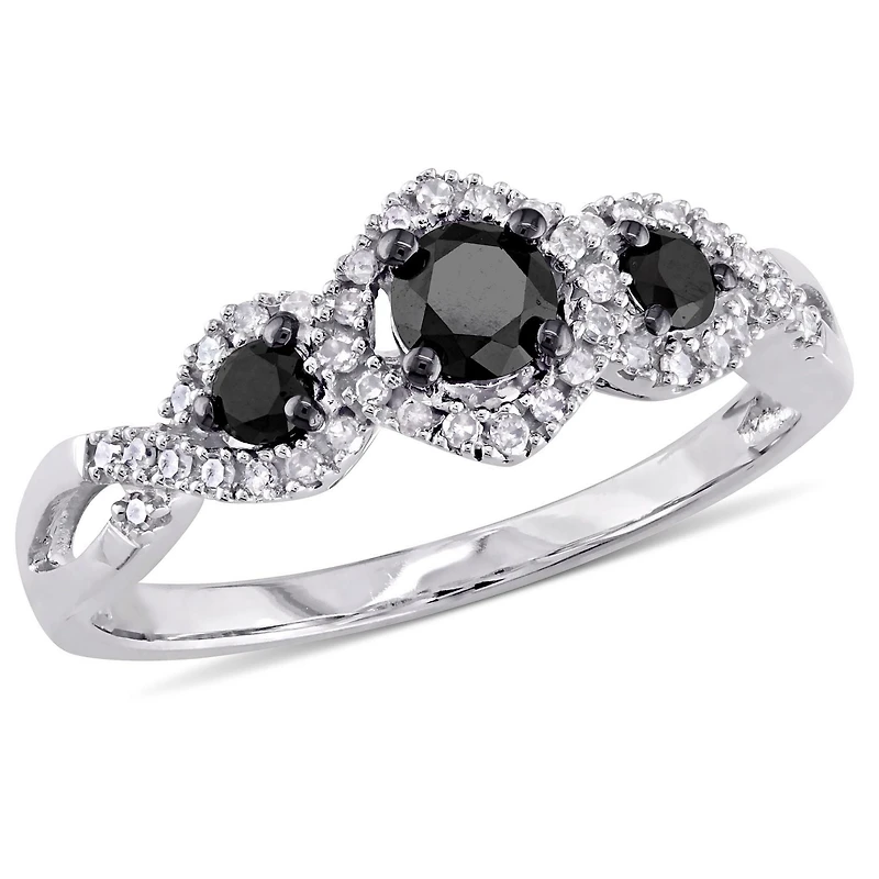 Bague de fiançailles à trois pierres avec diamants noirs et blancs 0,50 CT poids total en or blanc 10K