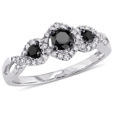 Bague de fiançailles à trois pierres avec diamants noirs et blancs 0,50 CT poids total en or blanc 10K