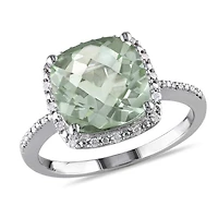 Bague cocktail de forme auréole Tangelo avec quartz verte 4 CT PBT et diamants 0,10 CT poids total en argent sterling