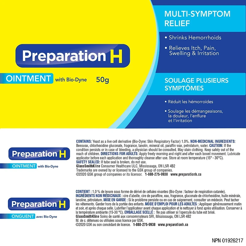Preparation H® Multi-Symptom Hemorrhoid Treatment Ointment with Bio-Dyne, 50g Tube