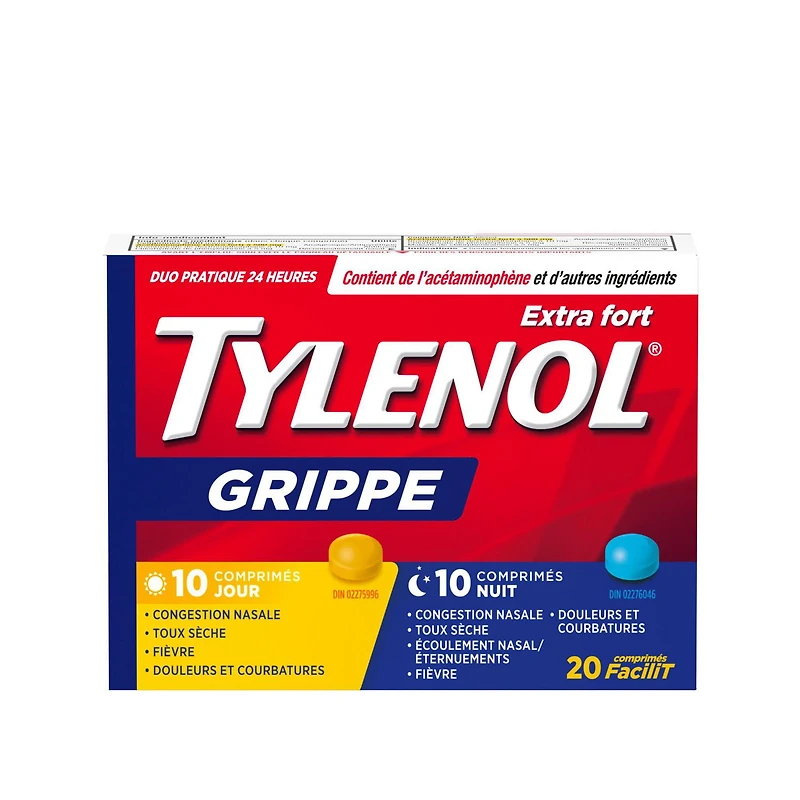 TYLENOL® Extra fort, Grippe, Duo pratique Jour/Nuit, soulage les symptômes de grippe, 20 comprimés FaciliT 20 unités