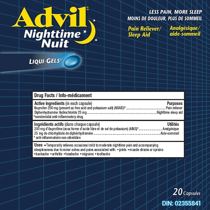 Advil Nuit Analgésique Aide-Sommeil Liqui-Gels 20 Capsules