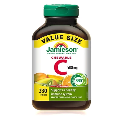 Jamieson Chewable Vitamin C Mixed 3 Flavours 500 mg Tablets Value Size, 330 Chewable Tablets