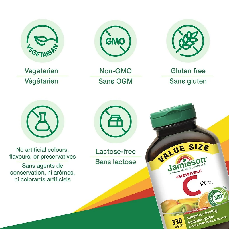 Jamieson Chewable Vitamin C Mixed 3 Flavours 500 mg Tablets Value Size, 330 Chewable Tablets