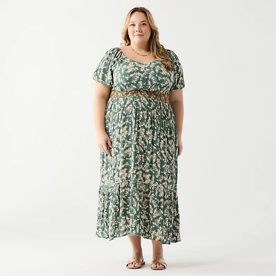 DV Maxi à taille smockée à imprimé floral avec manches courtes et ourlet à volants en gradins