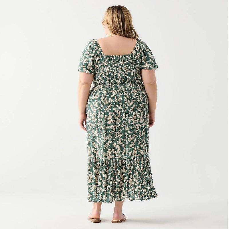 DV Maxi à taille smockée à imprimé floral avec manches courtes et ourlet à volants en gradins