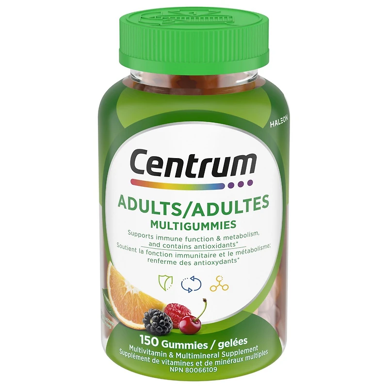 Centrum MultiGummies Adult Multivitamin and Multimineral Supplement, Cherry, Berry, and Orange Flavours, 150 Count, 150 Gummies, cherry, berry and orange