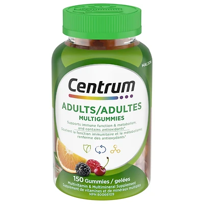 Centrum MultiGummies Adult Multivitamin and Multimineral Supplement, Cherry, Berry, and Orange Flavours, 150 Count, 150 Gummies, cherry, berry and orange