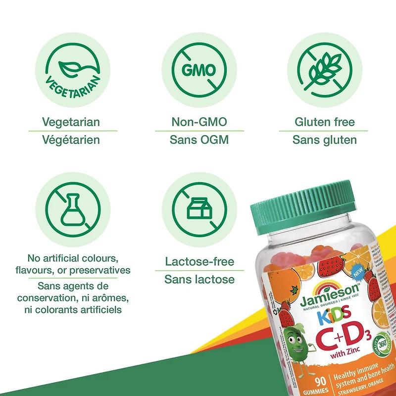Jamieson Kids Vitamin C + D3 with Zinc Gummies, 90 Count