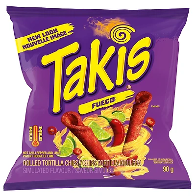 Croustilles de tortilla roulées TAKISᴹᴰ Fuego, saveur épicée de piment rouge et de lime