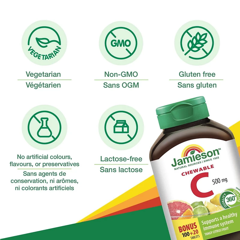 Jamieson comprimés à croquer vitamine C, 500 mg, agrumes, 120 comprimés