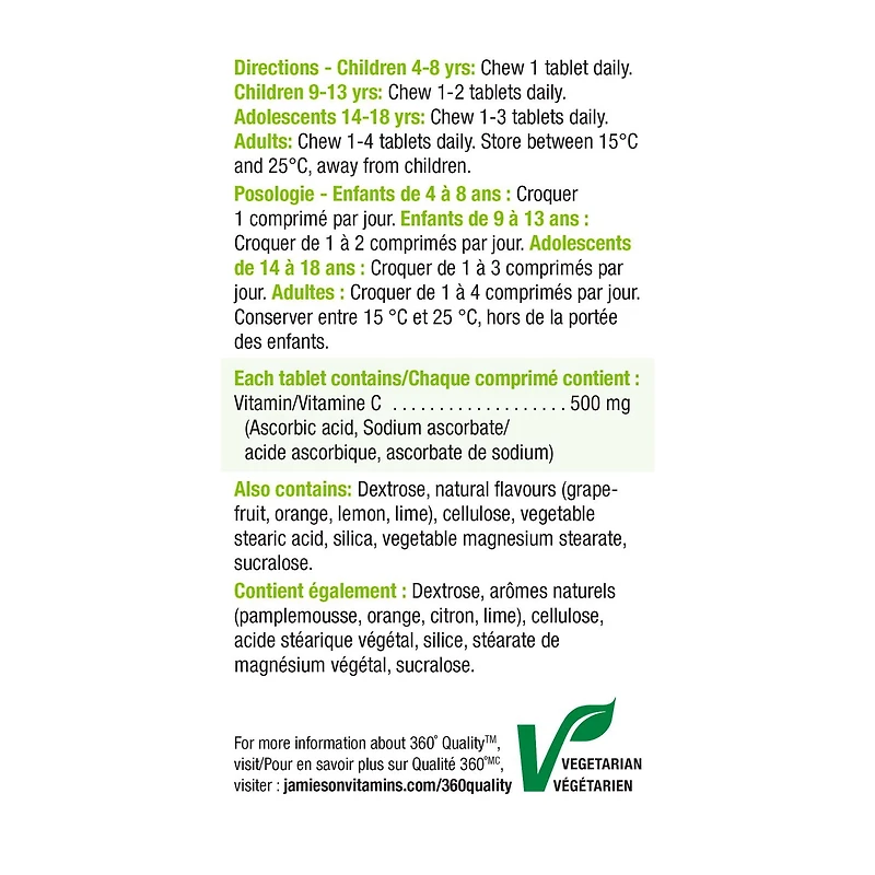 Jamieson comprimés à croquer vitamine C, 500 mg, agrumes, 120 comprimés