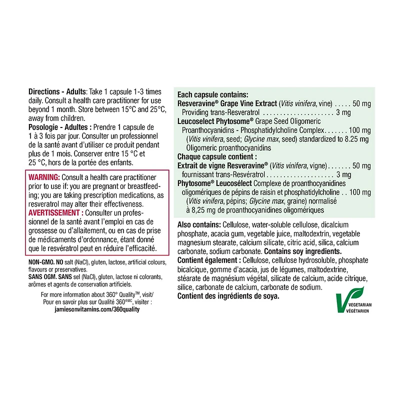 Jamieson Resveratrol Red Wine Extract with Grape Seed Capsules, 30 Count, 30 Capsules