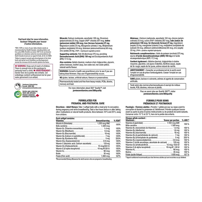 Jamieson 100% Complete Prenatal Multivitamin Softgels with DHA and Folic Acid, 60 Count