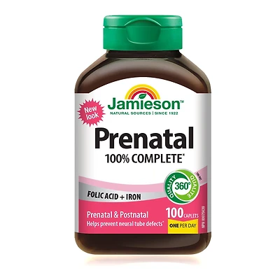 Jamieson Prenatal 100% Complete Multivitamin, with Folic Acid and Iron. Formulated for Prenatal and Postnatal, and While Breastfeeding, Prevents Neural Tube Defects, Gluten-Free, One Per Day, 100 Caplets, 100 caplets