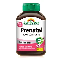 Jamieson Prenatal 100% Complete Multivitamin, with Folic Acid and Iron. Formulated for Prenatal and Postnatal, and While Breastfeeding, Prevents Neural Tube Defects, Gluten-Free, One Per Day, 100 Caplets, 100 caplets