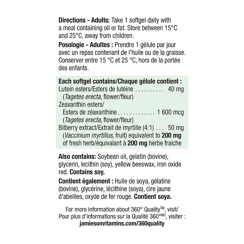 Jamieson Gélules de Lutéine 40 mg Avec Zéaxanthine et Myrtille 60 Gélules