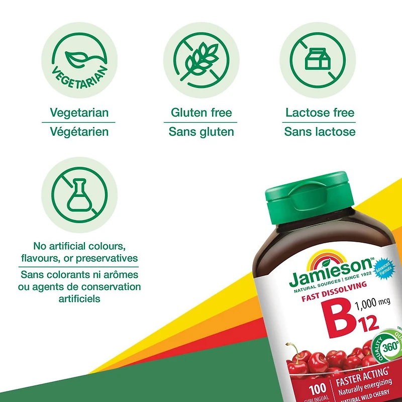 Jamieson Vitamin B12 (Methylcobalamin)1,000 mcg Fast Dissolving Sublingual Tablets, 100 sublingual tablets