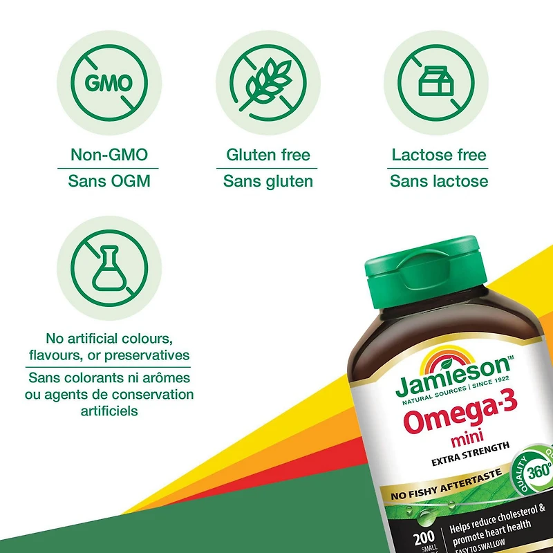 Jamieson gélules oméga-3 mini sans arrière-goût de poisson, 350 mg, 200 gélules