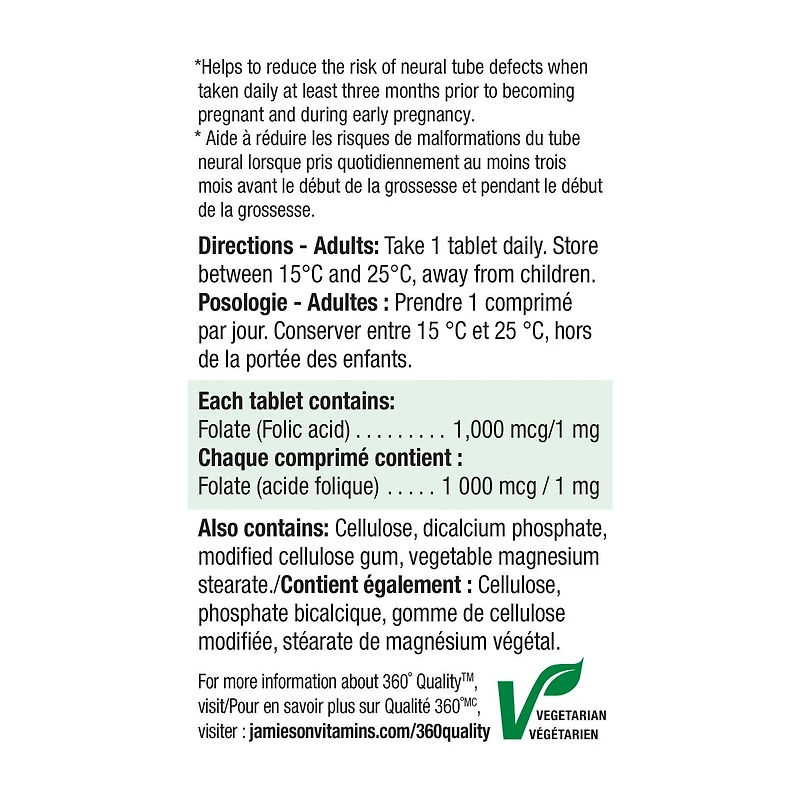 Jamieson Comprimés d'Acide Folique 1 000 mcg 100 comprimés