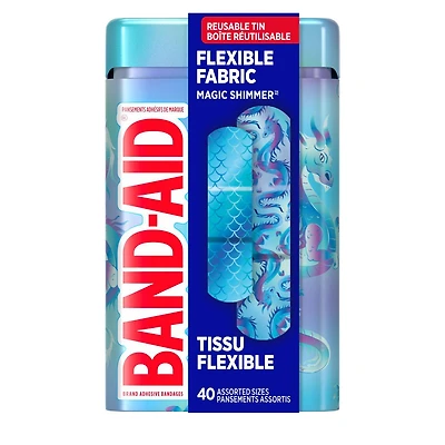Pansements adhésifs en tissu souple BAND-AID®, protection souple et confortable et soins des plaies pour les coupures et égratignures mineures, avec motif Magic Shimmer, tailles assorties