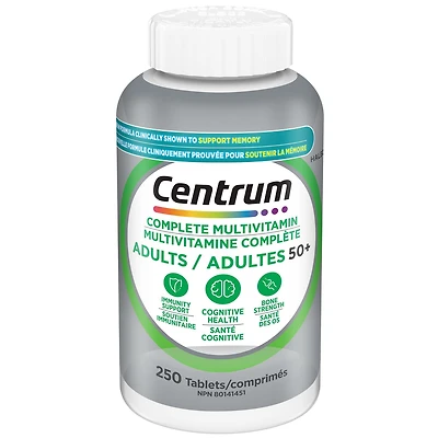 Centrum Adultes 50+, Formule complète, supplément de multivitamines et minéraux éprouvé en clinique pour soutenir la mémoire et la santé cognitive, 250 comprimés