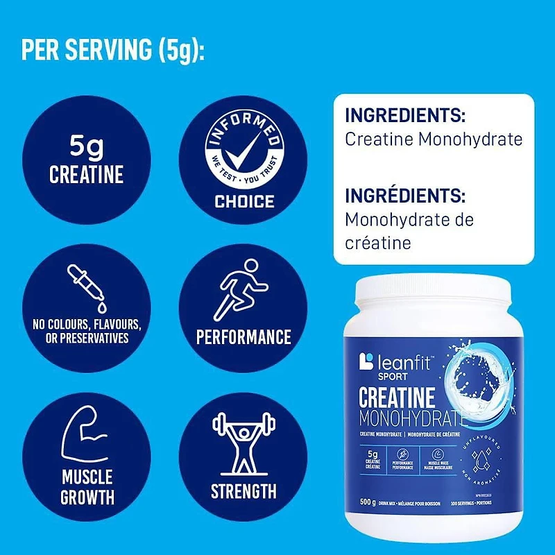 LEANFIT SPORT CREATINE MONOHYDRATE™ Powder Unflavoured 500g - Creatine Supplement for Increased Muscle Mass & Improved Performance - 5g Creatine Per Serving, Informed Choice Certified, Micronized & Pharmaceutical Grade Creatine, Gluten-Free, Vegan