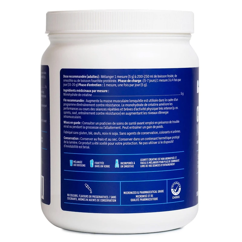 LEANFIT SPORT CREATINE MONOHYDRATE™ en poudre, non aromatisé 500 g – 5 g de créatine par portion, certification Informed Choice, créatine micronisée et de qualité pharmaceutique, sans gluten, végétalien