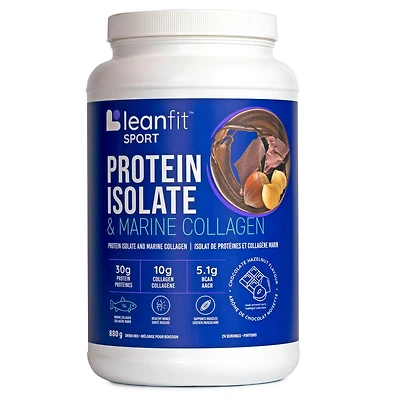 LEANFIT Isolat de protéines sport et collagène marin, chocolat noisette, isolat de protéines nourries à l'herbe et poudre de collagène marin 100 % hydrolysé (type I, III), 30 g de protéines et 10 g de