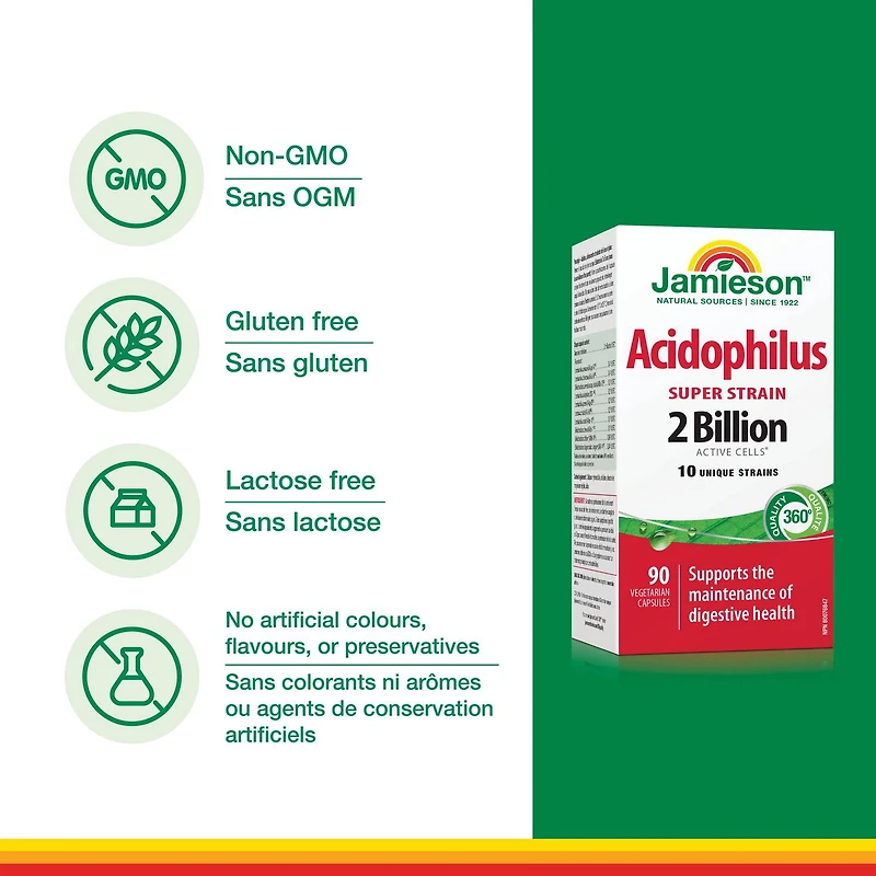 Jamieson Acidophilus Capsules, 2 Billion CFU, Super Strain, 100 Count, 90 Caplets