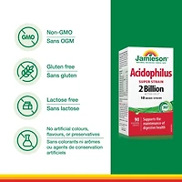 Jamieson Acidophilus Capsules, 2 Billion CFU, Super Strain, 100 Count, 90 Caplets