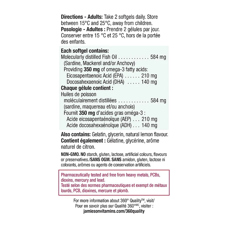Jamieson gélules oméga-3 mini sans arrière-goût de poisson, 350 mg, 200 gélules